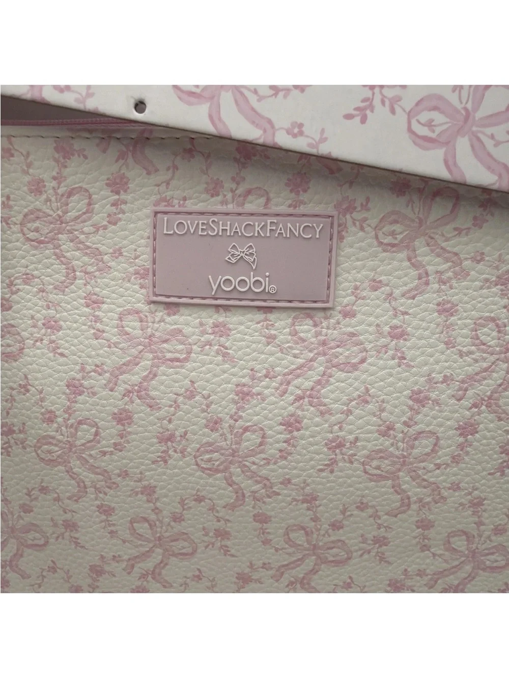 New - LoveShackFancy Pink Coquette Gold Bow Zipper Pouch/Wristlet w Strap